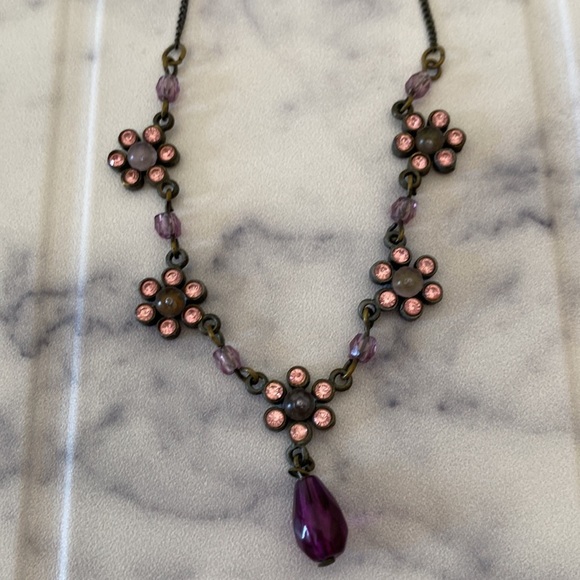 Vintage Purple Cluster Bead Rhinestone Station Necklace - Picture 2 of 3
